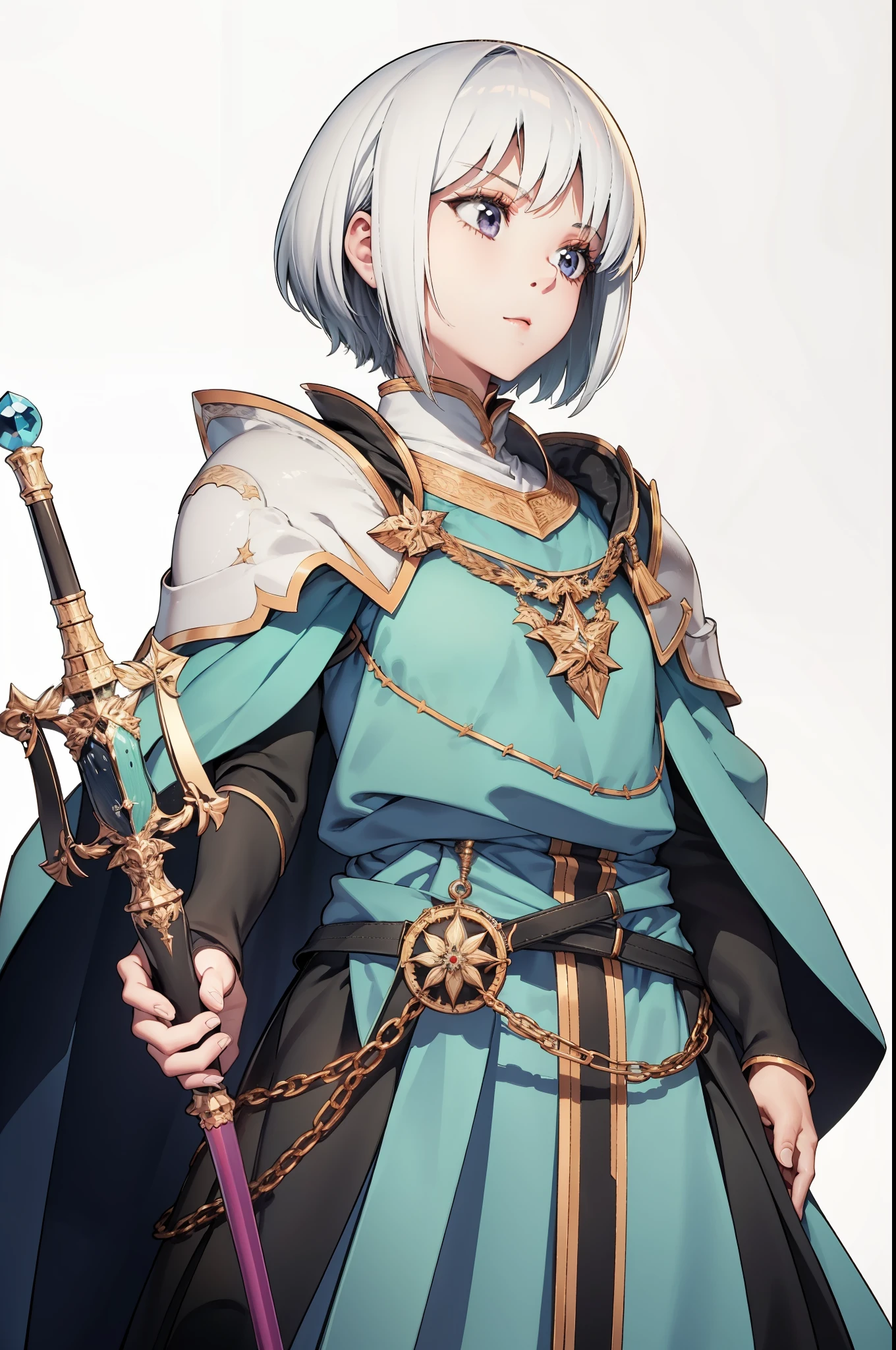One female, 16 years old, short white hair, detailed, emotionless face, wearing a shoulder pad, a mage's robe, holding a mage's staff in hand, front camera, white background