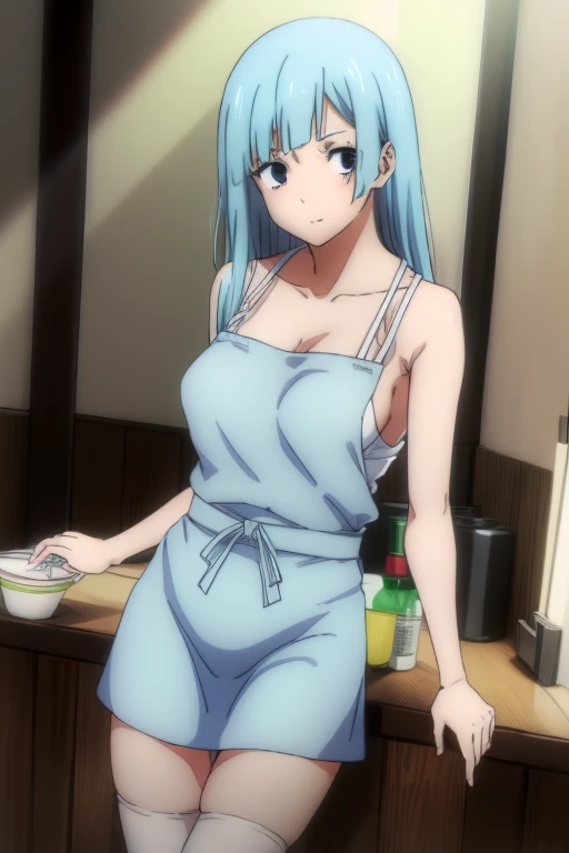 (Masterpiece, Photorealistic, high resolution), ((1girll):1.2), (Masterpiece, Photorealistic, high resolution), ((1girll):1.2), (perfect lighting), looking at viewer, a teenage girl, blue hair, long hair, blue eyes, straight hair, bangs,(White Lingerie Apron, (medium of breast):1.2, thighs), White Apron, Wet, glossy hair, sweat on body, Cameltoe, stockings