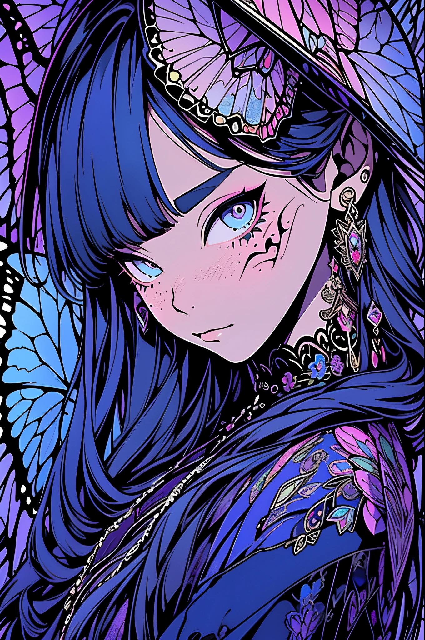 Butterfly motif、Blue Undertone、Vibrant colors、((masterpiece)))、(((top-quality)))、((ultra-detailliert))、(A hyper-realistic)、(highly detailed CGillustration)、Extremely detailed,(Fractal Art:1.1)、Geometry learned、abstract background、Official art、Luxembourg in the early 20th century、Decadent、Madame Papillon、Cool Beauty、Masquerade、sophisticated menegance、Gorgeous、Colorful and detailed mask design、matchless beauty、Fans、gorgeous dress、jewely、Female Solo、Perfect Angle、perfect-composition、foco nítido
