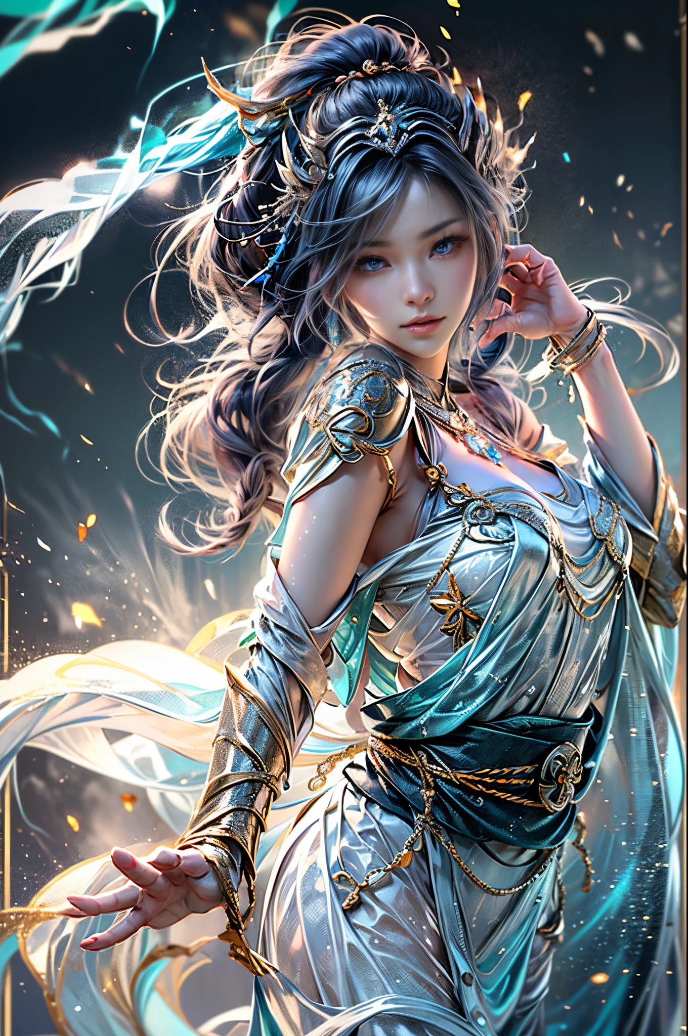 (Photoreal Stick:1.4, masutepiece:1..3, 8K), top-quality, masterpiece, 超A high resolution, Perfect dynamic composition, Professional camera work, Grow Light Effect, Mystical portrait, Cinematic Light, Highly detailed skin and facial texture:1.3, The ultra-detailliert, A detailed eye, (Vortex of Fire, water wave, Dance of the Wind, lightning bolt), (myterious:1.3, Fanciful:1.2, tradition:1.2, majestueux:1.2), 1girl in, 25-years old, cute and sexy slim goddess, Fair skin, (Enraptured look:0.9, Totally captivates you:1.0), (silver japanese kimono:1.3 off shoulder), (voluptuous breasts:0.9), (Backshots, Calm pose), (Beautiful blue eyes, Eyes that feel beautiful eros:0.85), Sexy face:0.4, (A mouthfeel that feels beautiful eros:0.85), ((Too cute beauty:0.9)), Fantastic background