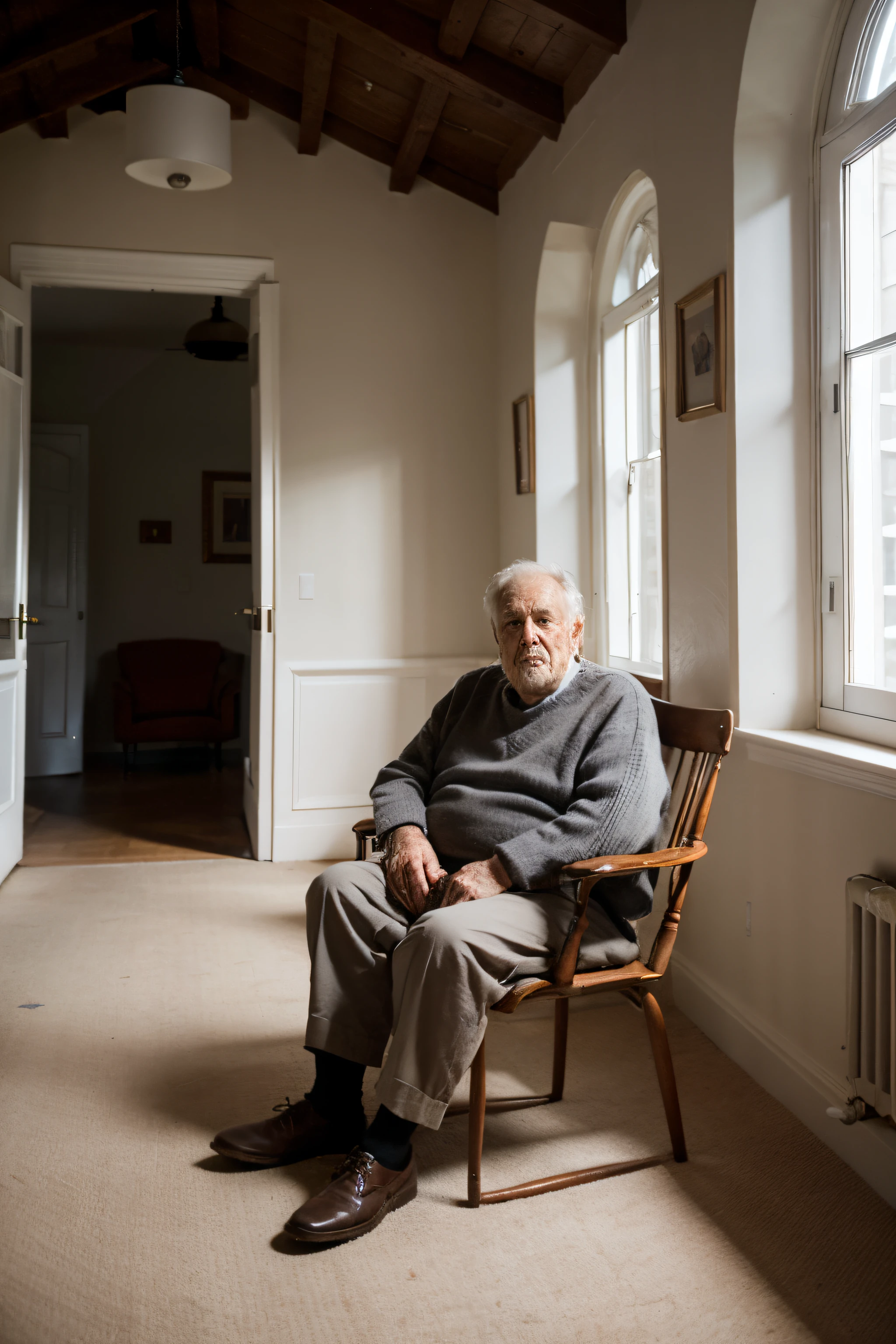 grandfather sitting on a chair in a hall room,long angle shoot,front facing