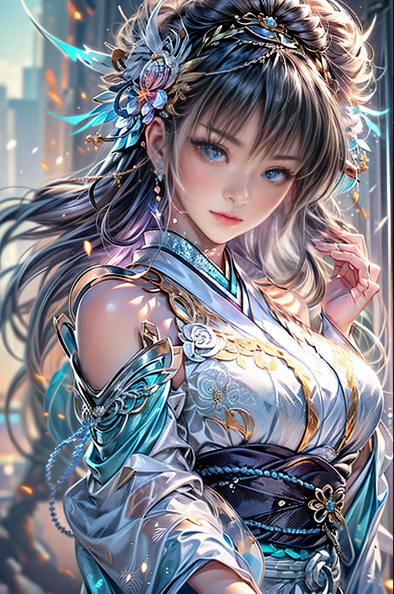 (Photoreal Stick:1.4, masutepiece:1..3, 8K), top-quality, masterpiece, 超A high resolution, Perfect dynamic composition, Professional camera work, Grow Light Effect, Mystical portrait, Cinematic Light, Highly detailed skin and facial texture:1.3, The ultra-detailliert, A detailed eye, (Vortex of Fire, water wave, Dance of the Wind, lightning bolt), (myterious:1.3, Fanciful:1.2, tradition:1.2, majestueux:1.2), 1girl in, 25-years old, cute and sexy slim goddess, Fair skin, (Enraptured look:0.9, Totally captivates you:1.0), (silver japanese kimono:1.3 off shoulder), (voluptuous breasts:0.9), (Backshots, Calm pose), (Beautiful blue eyes, Eyes that feel beautiful eros:0.85), Sexy face:0.4, (A mouthfeel that feels beautiful eros:0.85), ((Too cute beauty:0.9)), Fantastic background