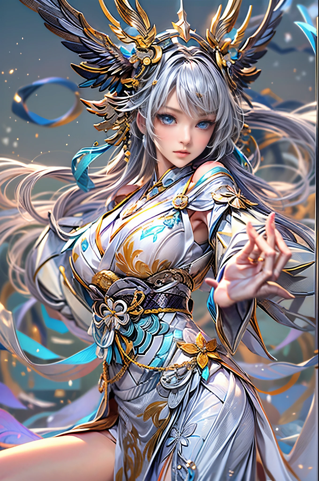 (Photoreal Stick:1.4, masutepiece:1..3, 8K), top-quality, ​masterpiece, 超A high resolution, Perfect dynamic composition, Professional camera work, Grow Light Effect, Mystical portrait, Cinematic Light, Highly detailed skin and facial texture:1.3, The ultra-detailliert, A detailed eye, (Vortex of Fire, water wave, Dance of the Wind, lightning bolt), (myterious:1.3, Fanciful:1.2, tradition:1.2, majestueux:1.2), 1girl in, 25-years old, cute and sexy slim goddess, Fair skin, (Enraptured look:0.9, Totally captivates you:1.0), (silver japanese kimono:1.3 off shoulder), (voluptuous breasts:0.9), (Backshots, Calm pose), (Beautiful blue eyes, Eyes that feel beautiful eros:0.85), Sexy face:0.4, (A mouthfeel that feels beautiful eros:0.85), ((Too cute beauty:0.9)), Fantastic background