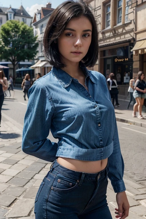 A young woman with short black hair and blue eyes is wearing a blouse and blue jeans in the middle of the pedestrian zone, 18 years old, braune Haut, vollbusig, realistisch, Highly detailed, 8K