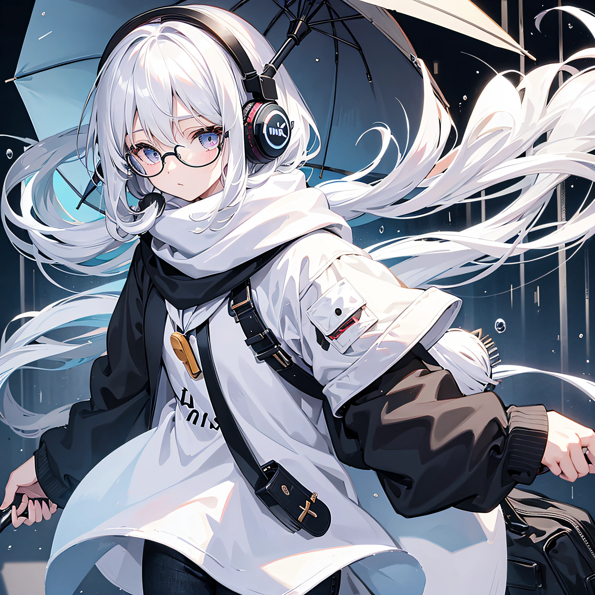 a girl wearing black headphones, white hair, circle framed glasses, white small scarf, sleeves, black jeans, anime, top quality, carrying an umbrella, raining