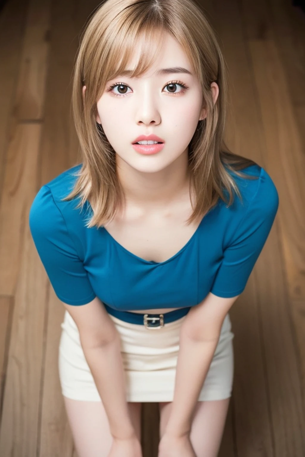 (8K、Raw photo、top-quality、masuter piece: 1.2)、(realisitic、photoRealstic: 1.4)、(High resolution 8K wallpapers)、foco nítido、depth of fields、Background bokeh、Bokeh、lighting like a movie、softlight、Shot from thigh up、Cute idol face looking at camera、(Korean girl with medium hair: 1.3)、(Natural lip color、Straight teeth)、(((Beautiful thin eyebrows)))、(Long bangs、Blouse)、(a miniskirt: 1.2)