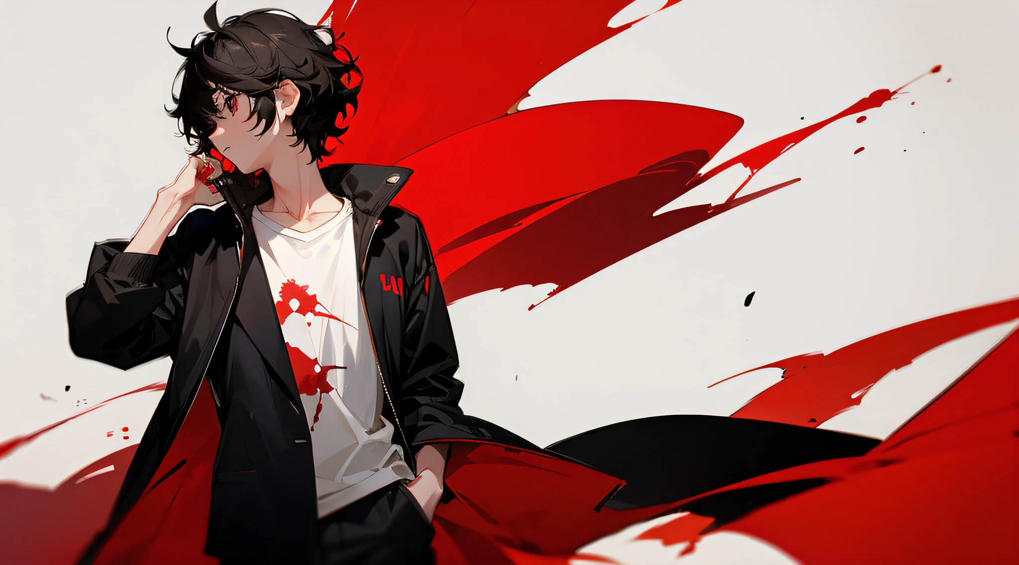 Ma Yuanxing, Black jacket, Open jacket, whitet-shirt, Permanent, 1 girl, Cool, deep red background, Dark, blood background, 21yo,