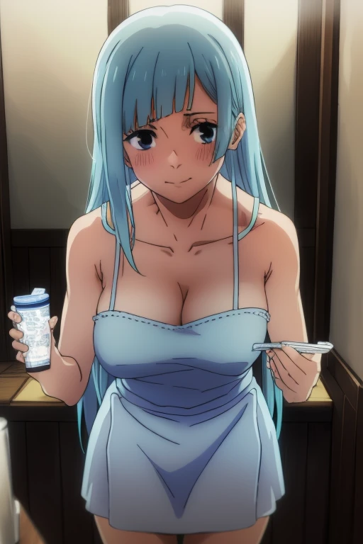 (Masterpiece, Photorealistic, high resolution), ((1girll):1.2), (Masterpiece, Photorealistic, high resolution), ((1girll):1.2), (perfect lighting), looking at viewer, a teenage girl, blue hair, long hair, blue eyes, straight hair, bangs,(White Lingerie Apron, (medium of breast):1.2, thighs), White Apron, Wet, glossy hair, sweat on body, Cameltoe, stockings, cute smile, blushing intensely. Sexy figure