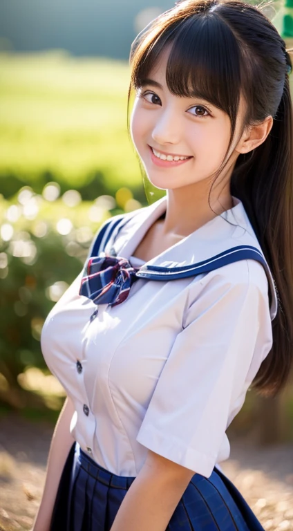 8K、RAW Photos、Highest quality、Super detailed、Super Resolution、Ultra HD、8K壁紙、Amazing details American blazer uniform girl ((White blouse with formal collar, Blue blazer, Blue plaid skirt, Red checkered ribbon on blouse)), Complete limbs, Full Finger,
A large sunflower field in the countryside、Straight road、Walk through the sunflower field,smile、sun、School bag、Heart Necklace
(((Emphasize cleavage)))
(((Full body photo)))
((Blue sky))