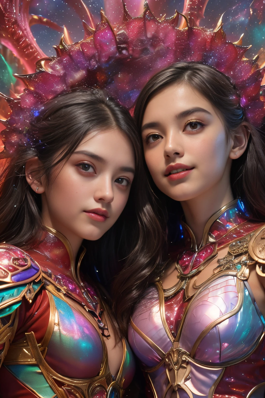 Create an image of beautiful hyper realistic characters with vibrant and electric colors, some without faces, others with faces and crowns, some without bodies