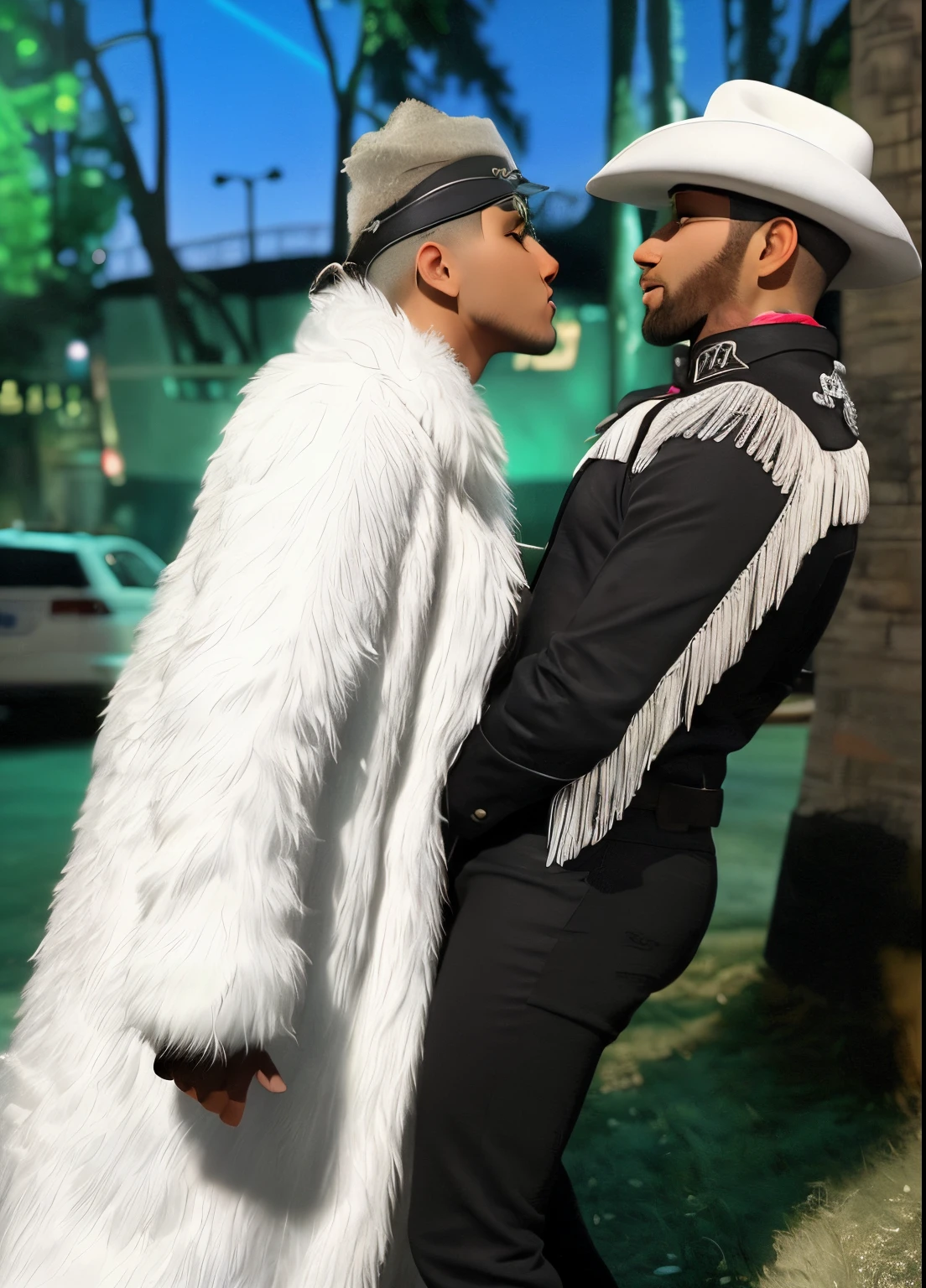 they are dressed in white fur coats and hats and are kissing, instagram post, 👰 🏇 ❌ 🍃, gay, gay pride, more details, two men hugging, despacito, lgbtq, two muscular men entwined, taken on iphone 14 pro, they are in love, 🐎🍑, by David Ruby, singer maluma, photo shoot