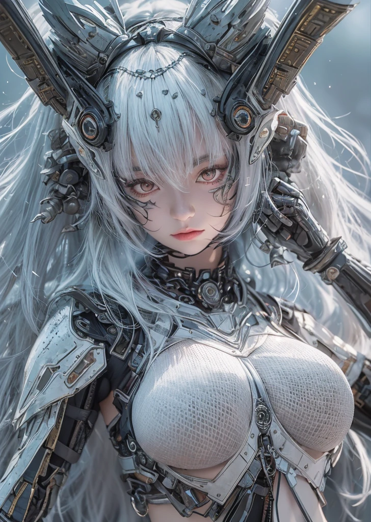 top-quality、masterpiece、超A high resolution、(Photorealsitic:1.4)、Raw photo、Battle Cyborg Angel、large wings made of metal、White porcelain body、Acrylic Clear Cover、white hair、glowy skin、1 Cyborg Girl、((super realistic details))、portlate、globalillumination、Shadow、octan render、8K、ultrasharp、character edge light,Colossal tits、Raw skin exposed in cleavage、Details of complex ornaments、Gothloli details、Hydraulic cylinder、Small LED lamp、highly intricate detail、Realistic light、a purple eye、radiant eyeacing the camera、neon details、cowboy shot、Futuristic headgear、About Cyberpunk、、