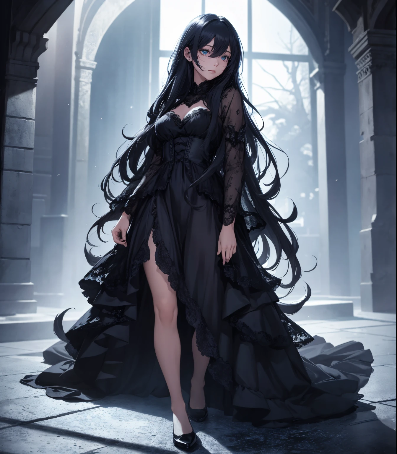 ((full body)), long hair,the night,A girl,lace black dress, deep shading,cold light,low tune,in the darkness nigth,RAW photogr,best qualtiy,tmasterpiece,Ultra-high resolution,Realistic1.5