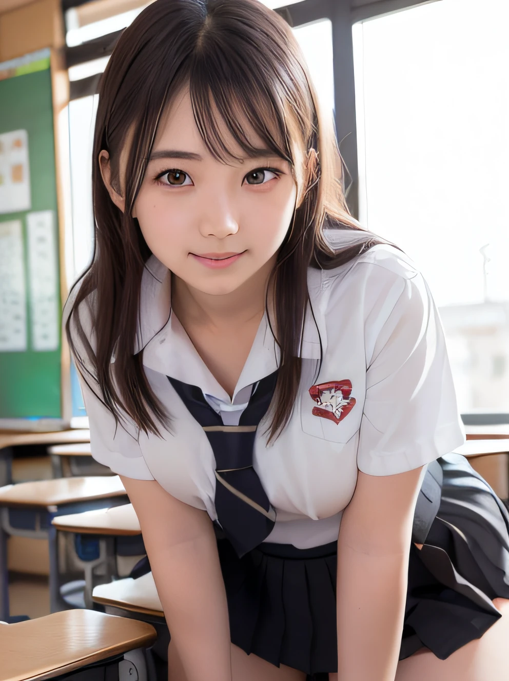 masutepiece, Best Quality, japanaese girl,1girl in, 8K, Raw photo, (highly detailedskin:1.2), Ultra-high resolution, (Lens 50mm), (F/1.2),Exquisitely Detailed Eyes, Looking at Viewer, Beautiful face, (breasts of medium size:1.4)，(large round eyes:1.4), (drooping eyes:1.2), (Shy and cute smile:1.3), ************, Straight hair, (Short hair), Black eyes, white fine skin,small mouth, high cheekbones, (Definition), Sexy Pose,(Leaning forward:1.3), (White panties:1.4), Nogizaka Idol, hposing Gravure Idol, Cowboy Shot, Beautiful japanese girl, ************, extremely pretty, female idol, (sitting on the desk:1.1), (School uniform:1.4), (Skirt lift:1.6), (School classroom background:1.1), Shallow depth of field,