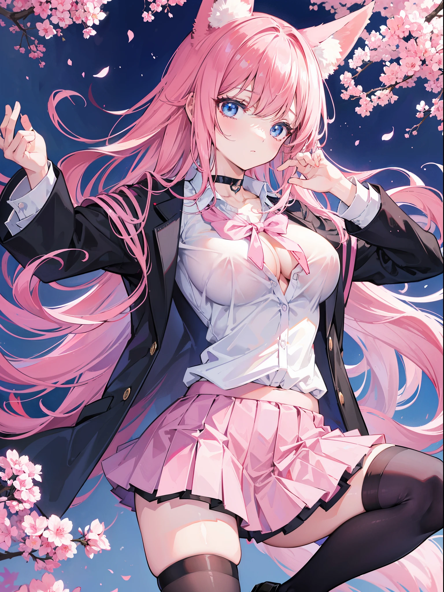 High quality, masutepiece, Ultra-detailed, School uniform, Very short skirt, Unbuttoned shirt, Black stockings, Pink Panties, Choker, headless, 1girl in, Solo, peaceful expression, Long pink hair, captivating blue eyes, Fox ears, Nipples, Big breasts, School