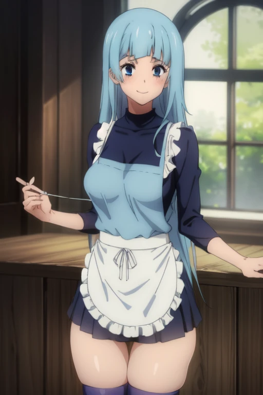 (Masterpiece, Photorealistic, high resolution), ((1girll):1.2), (Masterpiece, Photorealistic, high resolution), ((1girll):1.2), (perfect lighting), looking at viewer, a teenage girl, blue hair, long hair, blue eyes, straight hair, bangs,(White Lingerie Apron, (medium of breast):1.2, thighs), White Apron, Wet, glossy hair, sweat on body, Cameltoe, stockings, cute smile, blushing intensely. Sexy figure