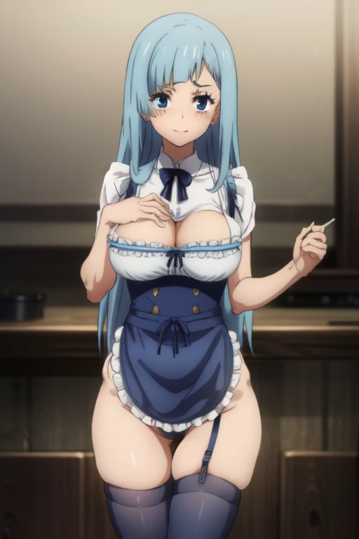 (Masterpiece, Photorealistic, high resolution), ((1girll):1.2), (Masterpiece, Photorealistic, high resolution), ((1girll):1.2), (perfect lighting), looking at viewer, a girl, blue hair, long hair, blue eyes, straight hair, bangs,(White Lingerie Apron, (medium of breast):1.2, thighs), White Apron, Wet, glossy hair, sweat on body, Cameltoe, stockings, cute smile, blushing intensely. Sexy figure