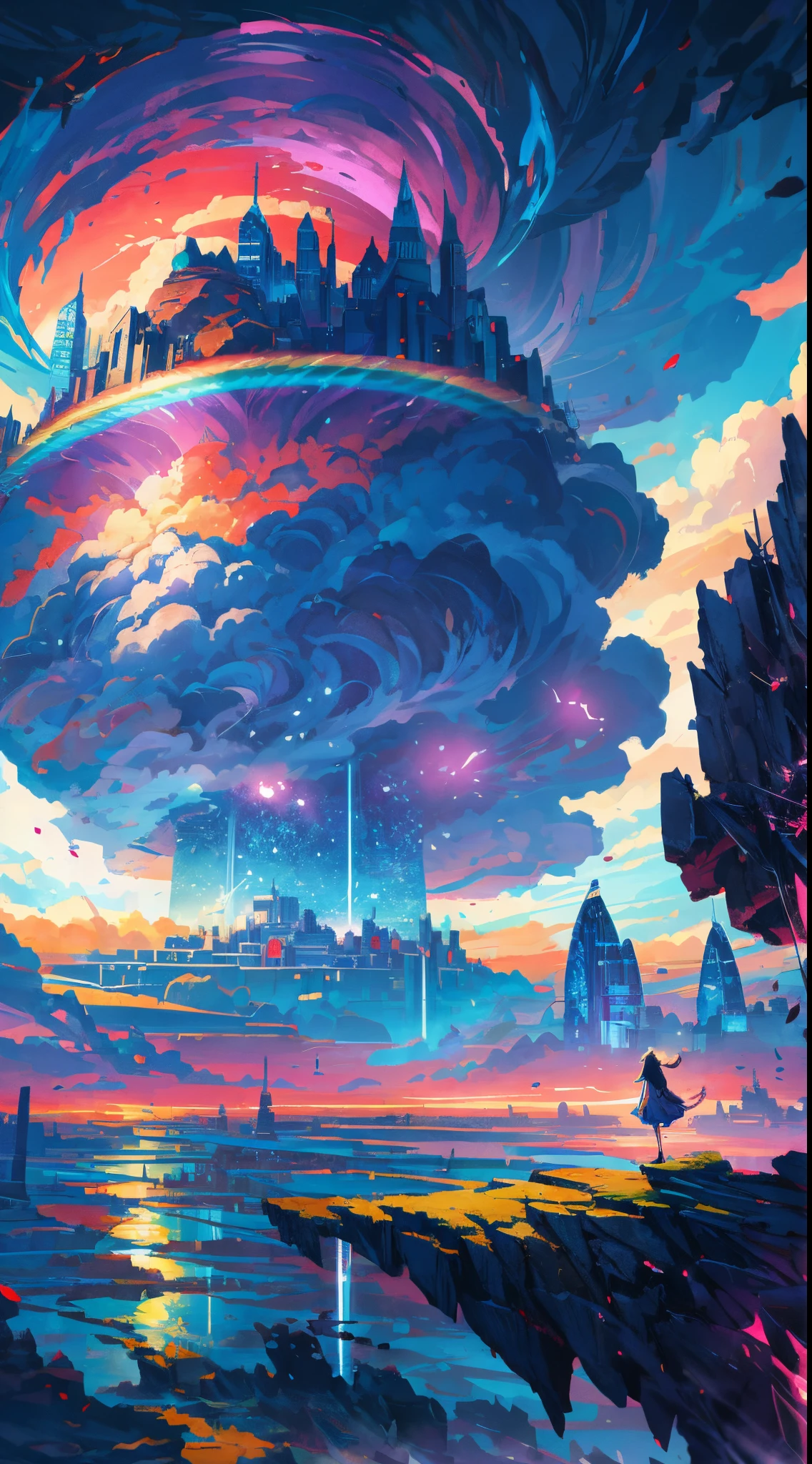 Anime girl standing in the big city looking at the rainbow sky,Near Future City、 makoto shinkai cyril rolando, Anime art wallpaper 4k, Anime art wallpaper 4k, Anime art wallpaper 8K, inspired by Cyril Rolando, Dan Mumford art style, Stunning wallpapers, author：By Yumi
