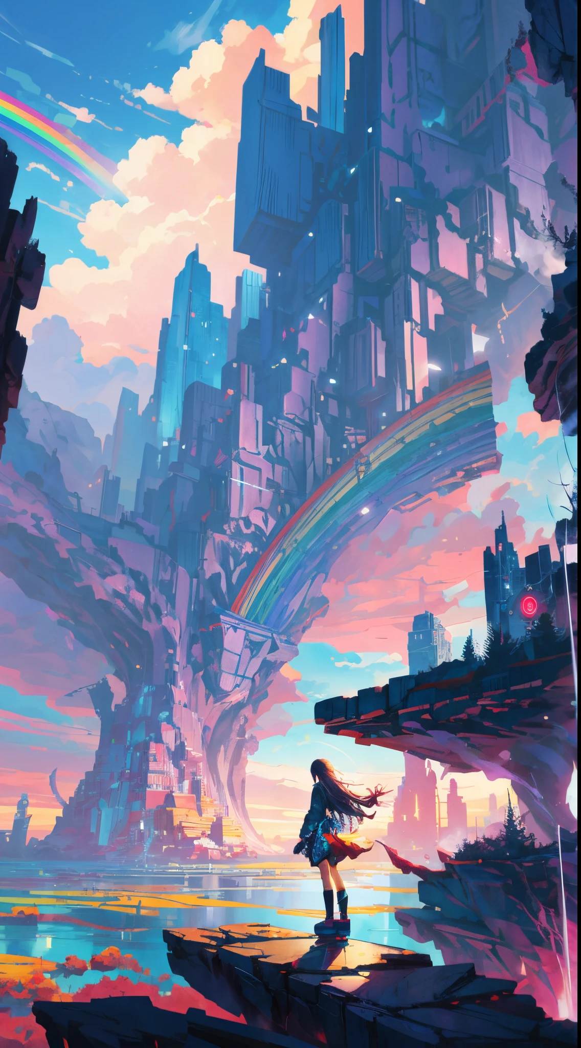 Anime girl standing in the big city looking at the rainbow sky,Near Future City、 makoto shinkai cyril rolando, Anime art wallpaper 4k, Anime art wallpaper 4k, Anime art wallpaper 8K, inspired by Cyril Rolando, Dan Mumford art style, Stunning wallpapers, author:By Yumi