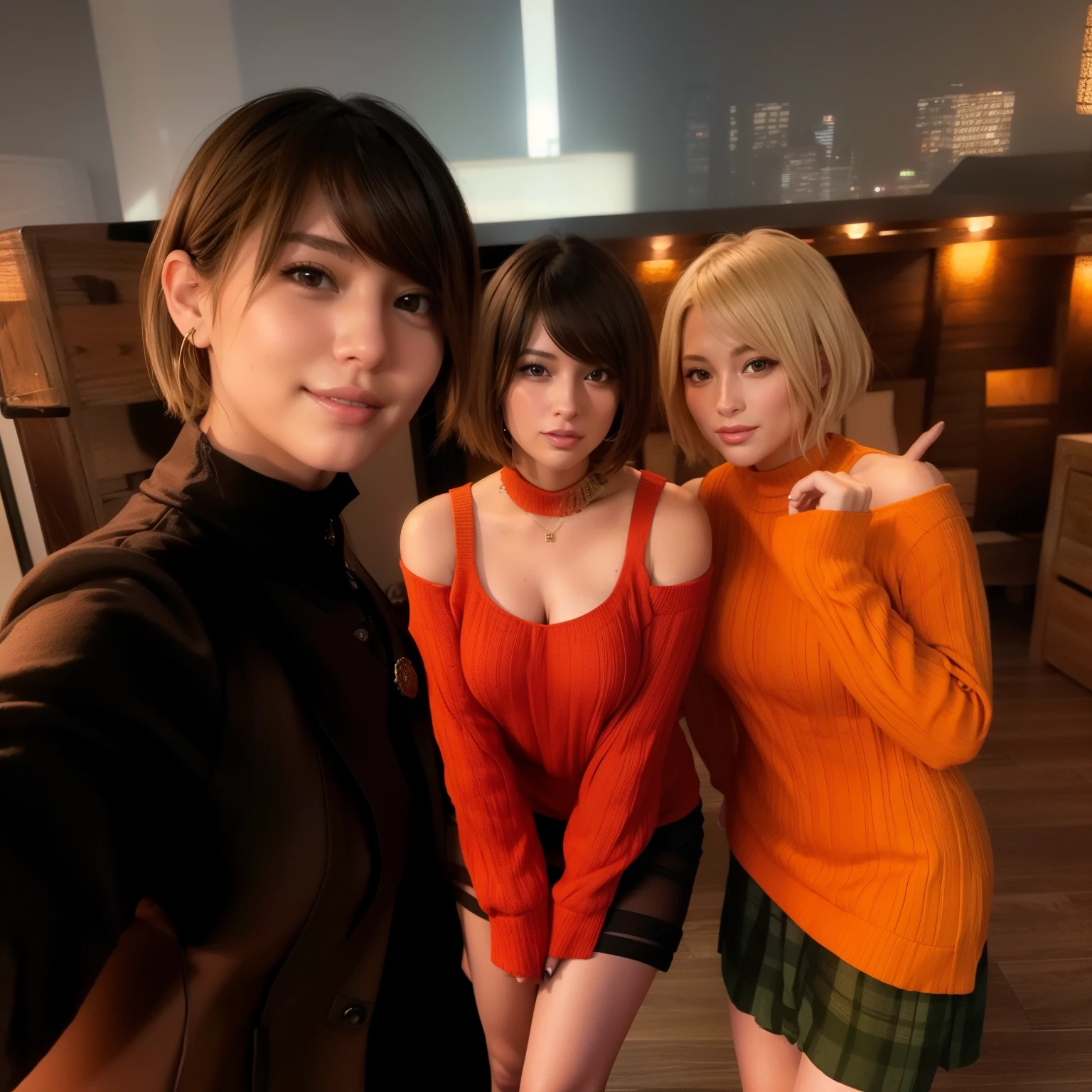 Ashley graham , standing gracefully, selfie style, stylish hand, Orange sweater, smile, Hands in pockets, brown heeled boots
