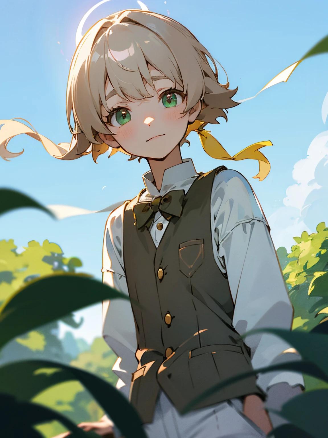 Very beautiful boy、cute face、silber hair、Blonde hair、green eyes、Brown vest、 country scenery、White cutter shirt、half-pants、Natural lighting、Studio Ghibli、blue-sky、hight resolution、best quality,