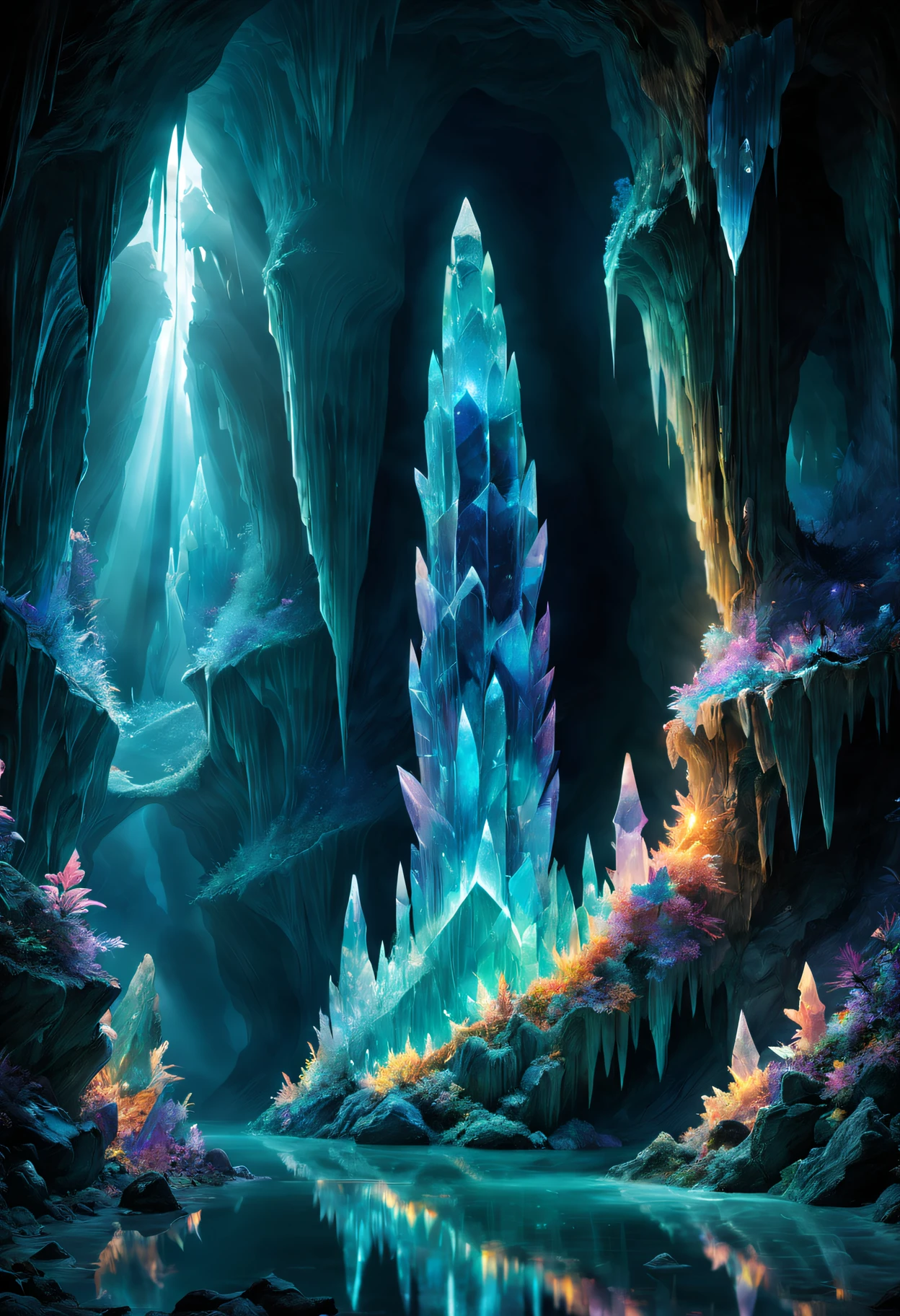 the Crystal Caverns，Sparkling crystals，dazzling beam of light，Crystal structure，luminous reflections，Underground beauty，Ethereal atmosphere，fantasy underworld，prism hue，Majestic stalactites，iridescent crystal，original mineral structure，Mystic auacful，clear pool，sublime masterpiece of nature，glowing stalagmite，Fascinating geological wonders，dreamlike landscapes，dance with light，Secrets of the Underground Kingdom。