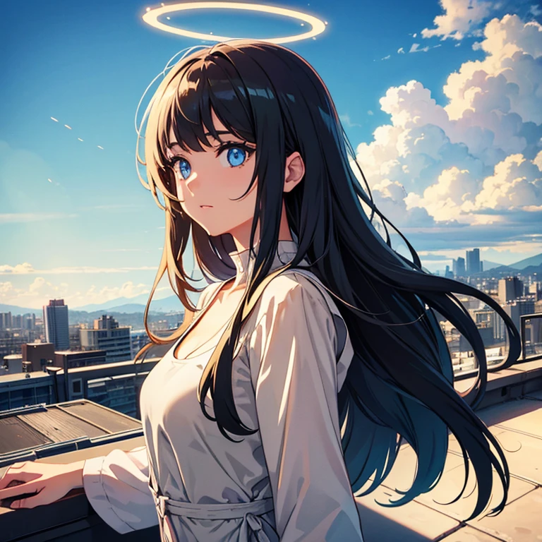 Must have beautiful eyes, Expansive vista, girl on rooftop with natural halo, cinematic photo, and lens flare. the girl is looking into the distance