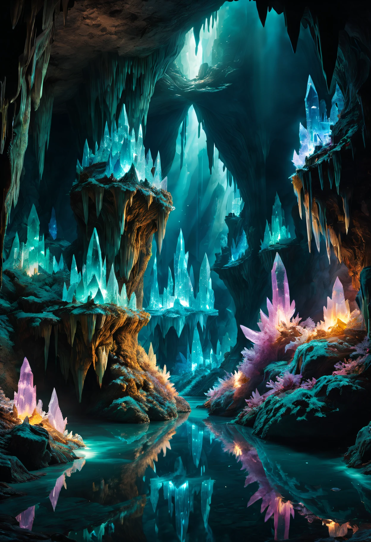 the Crystal Caverns,Sparkling crystals,Underground wonderland,dazzling beam of light,Sparkling colors,crystalline form,shimmering reflection,The beauty of the underground,Stalactites and stalagmites,glittering walls, Ethereal atmosphere,Nature&#39;s hidden gem,Fantasy underground world,prismatic shades,Majestic stalactite cluster,A charming light radiates from the depths,iridescent crystal,original mineral structure,Mystic aura,Fascinating underground maze,Luminous Miracle,Peace and quiet, Crystal clear pool,with light glowing,sublime masterpiece of nature,magical playground,crystal covered cave,The depths of mystery,glowing stalagmite,sparkling crystals,Mesmerizing tranquility,Magnificent geological wonders,dimly lit tunnel,Decorated with jewelry,pulsating colors,tranquility in darkness,Crystal-encrusted carnival,dreamlike landscapes,Hidden treasures of the earth,Magnificent underground wonderland,ethereal crystal,dance with light,Secrets of the Underground Kingdom.