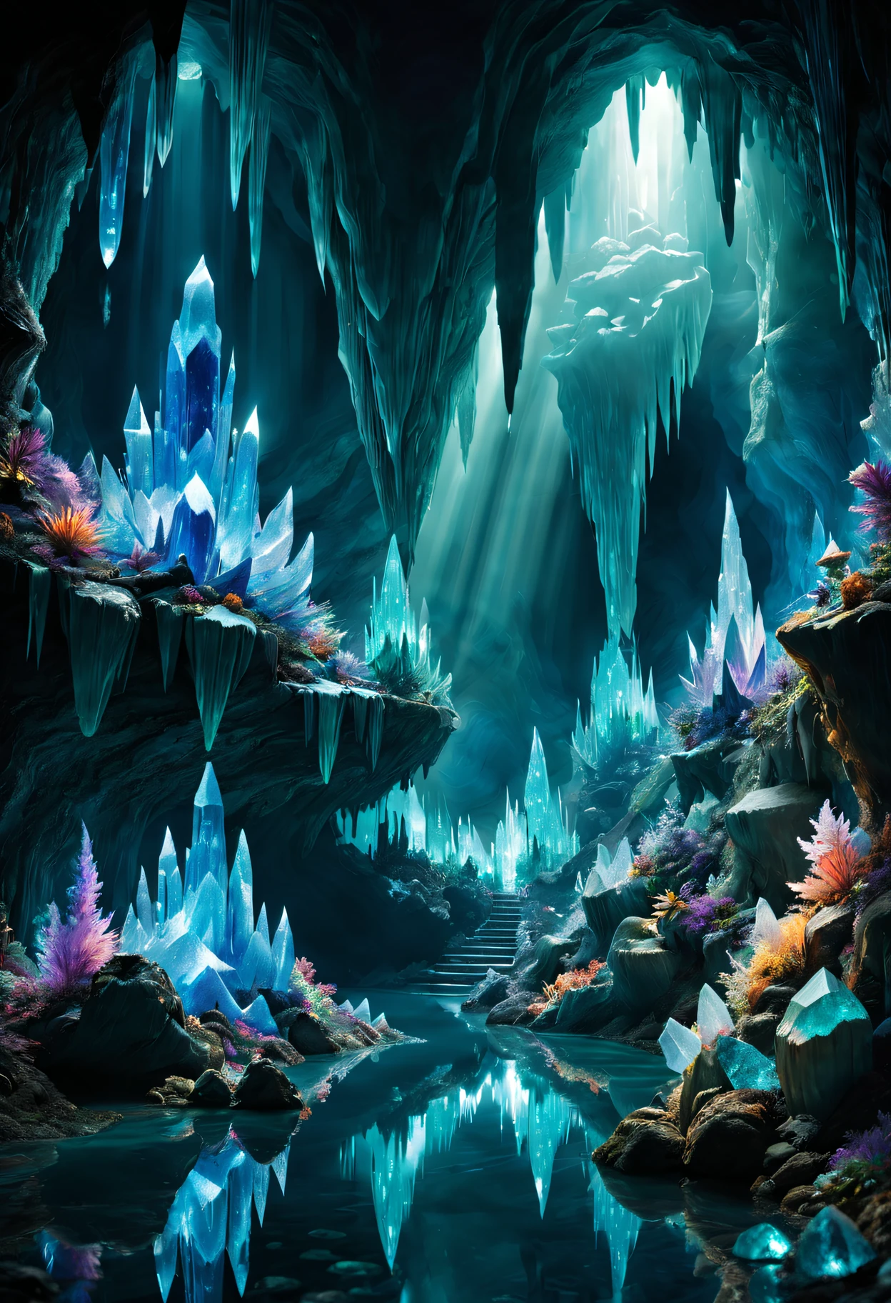 the Crystal Caverns,Sparkling crystals,Underground wonderland,dazzling beam of light,Sparkling colors,crystalline form,shimmering reflection,The beauty of the underground,Stalactites and stalagmites,glittering walls, Ethereal atmosphere,Nature's hidden gem,Fantasy underground world,prismatic shades,Majestic stalactite cluster,A charming light radiates from the depths,iridescent crystal,original mineral structure,Mystic aura,Fascinating underground maze,Luminous Miracle,Peace and quiet, Crystal clear pool,with light glowing,sublime masterpiece of nature,magical playground,crystal covered cave,The depths of mystery,glowing stalagmite,sparkling crystals,Mesmerizing tranquility,Magnificent geological wonders,dimly lit tunnel,Decorated with jewelry,pulsating colors,tranquility in darkness,Crystal-encrusted carnival,dreamlike landscapes,Hidden treasures of the earth,Magnificent underground wonderland,ethereal crystal,dance with light,Secrets of the Underground Kingdom.