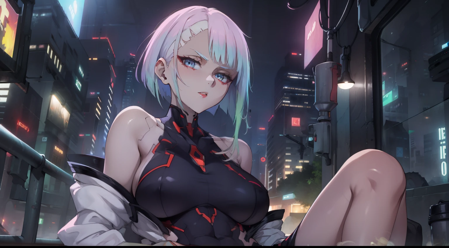 Portrait Of Girl, Face close to the camera, With his back to the viewer, upper-body, the night, Lies,  Erotica, Romantic, closeup face (very detailed eyes, Lips 1.1), Face close, extends his hand to the viewer, gloomy composition, gloomy background, Room, Very detailed. stands on the edge of the roof, gloomy atmosphere, very detailed eyes, grey-blue eyes, Beautiful figure, Ruins, ruined city, very detailed eyes, facing the viewer, Beautiful figure (Proper Anatopy 1.1.), in full height (Body Full 1.1), Slim, Slender figure, shapely legs, Anime style, white colored hair, Bob hairstyle, Very detailed face, Very beautiful face, in full height (Body Full 1.1), small elastic breasts, Beautiful slim figure, femininity，tmasterpiece，beste-Qualit，higly detailed，8K resolution， High Sharp， 8K resolution， higly detailed， 8K UHD， Professional lighting， Photon mapping，physical based rendering， a perfect face， detailed face and body， ray traced， expressive look，elastic small breasts, Heightened sexuality，