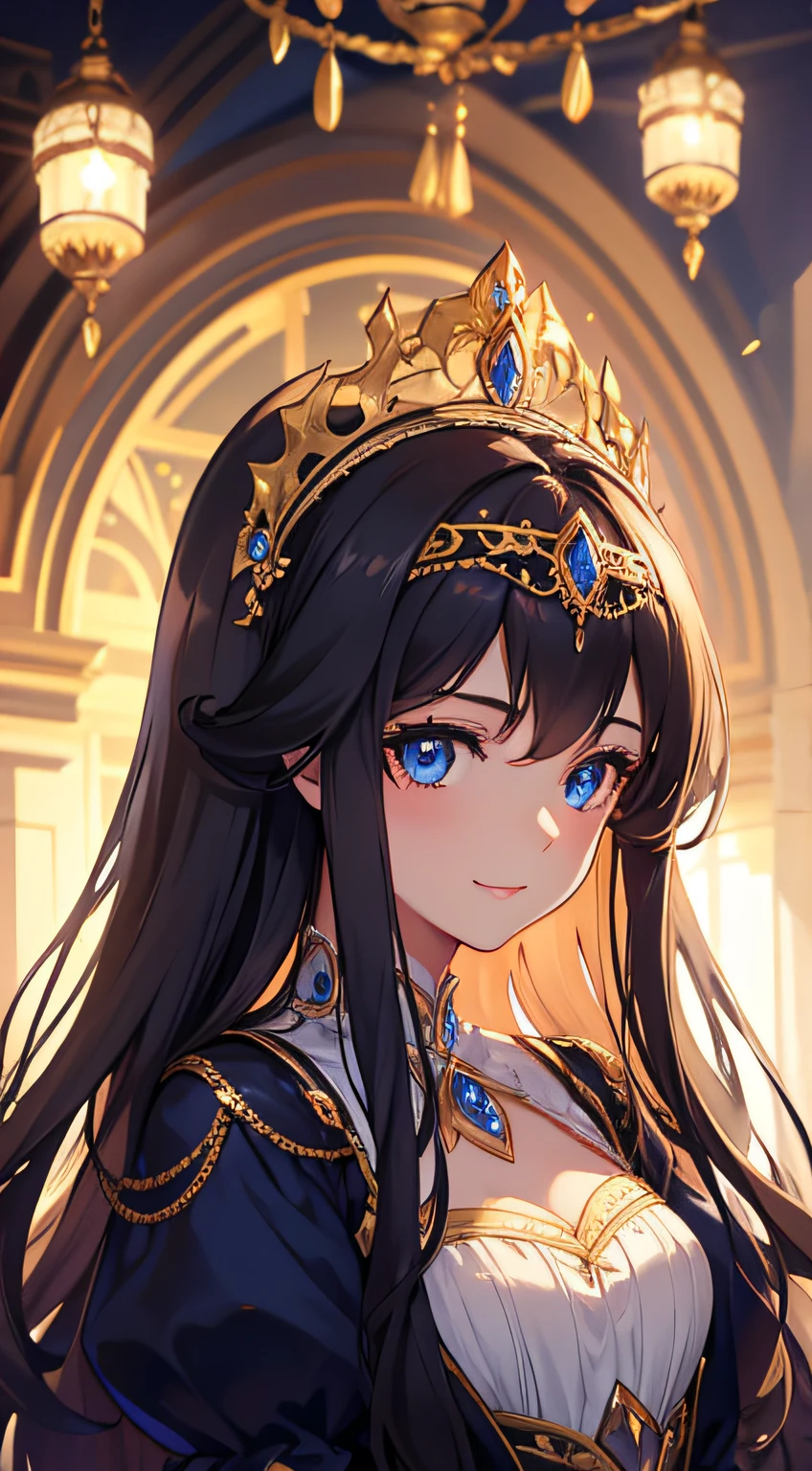 fantasy, 1girl, long brunette hair, blue eyes, smiling, looking at viewer, intricate full length rococo ballgown, lace curtains, tiara, palace, masterpiece, 8K, perfect lighting, perfect clothes, perfect anatomy, perfect eyes, perfect face, sharp resolution, (face closeup)