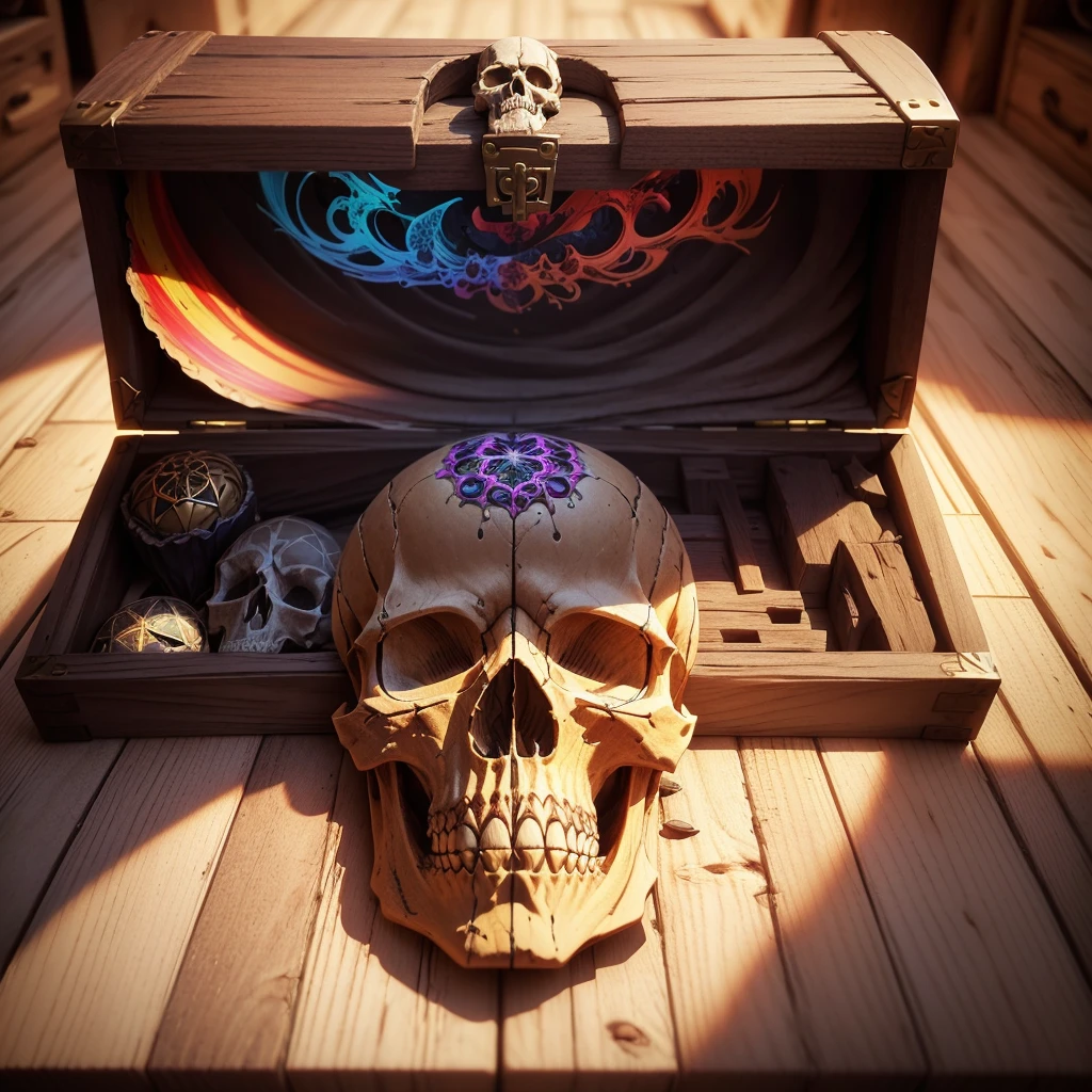 3D gore skull diagram, treasure box, away looking,goregore,brilliant colorful!psychedelic style. ((Best quality,4K,8K,A high resolution,Masterpiece:1.2)),((super ultra detail)),((Realistic,Photorealistic,photo-realistic:1.37))。