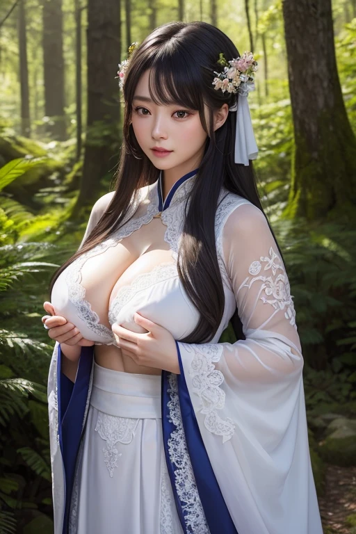 Super detailed characters,Depicts a 25-year-old woman,Wear transparent, Lightweight lace Hanfu,Ultra-detailed facial featureingers are super delicate,Ultrfect body,Immerse yourself in ultra-detailed forest environments,Towering trees background,Her hair black and shiny,deeply protruding and squeezed together,(((humongous large exy lace clip,Presents a very dynamic effect。The picture full of color,Use real photography art,Added motion effects。Overall ancient style,Turn around and look behind you,facing the front there,human body panorama。