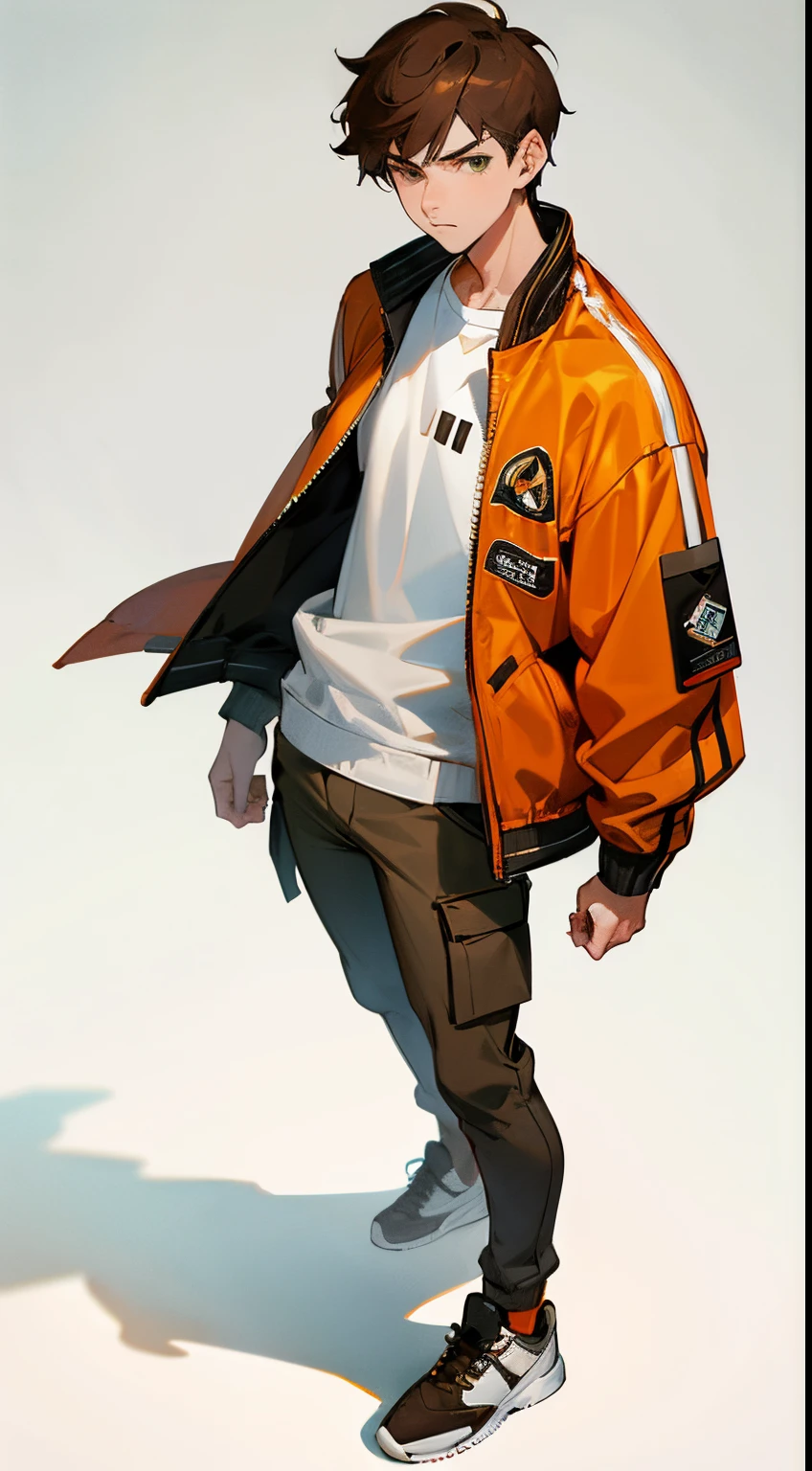 Male young teen, brown hair, green eyes , white shirt, orange/black varsity jacket, brown cargo pants, white sport sneakers, full body, standing straight, 4k, realistic, white background, looking at spectator, serious face modern clothes, anime style