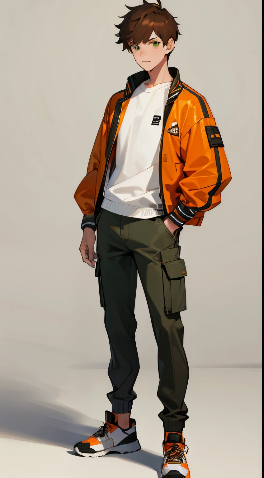 Male , brown hair, green eyes , white shirt, orange/black varsity jacket, brown cargo pants, white sport sneakers, full body, standing straight, 4k, realistic, white background, looking at spectator, serious face modern clothes, anime style