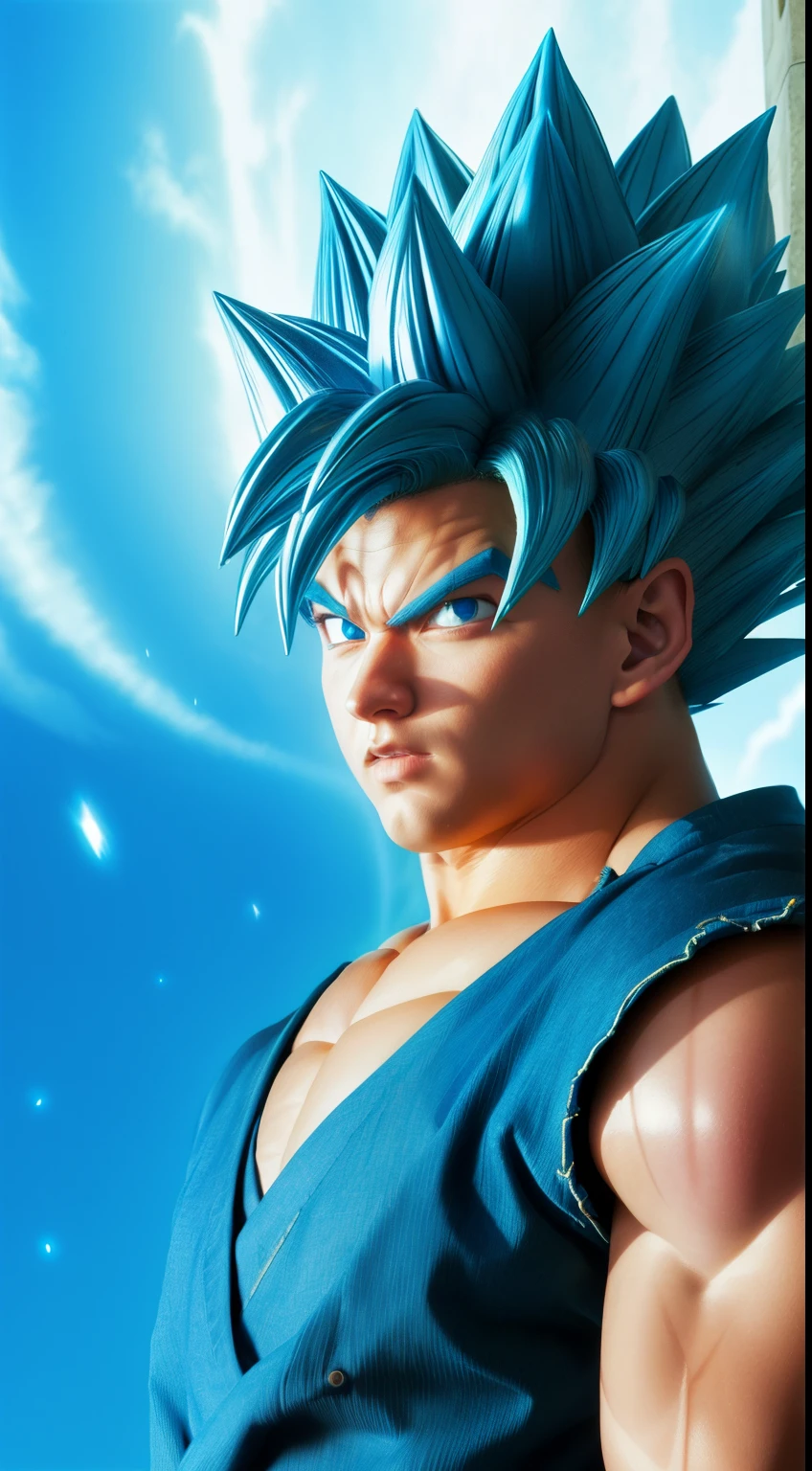 best quality, masterpiece, (realistic:1.2), son_goku, super_saiyan_blue, blue_hair, blue_eyes, blue_aura, portrait, ((side_view))