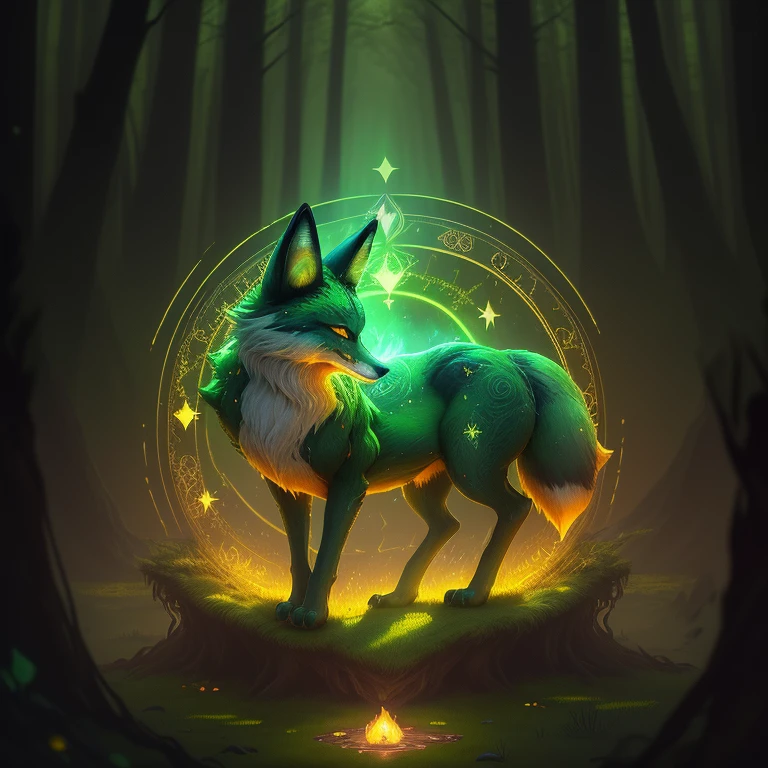 The fox emerged from the forest, green fur, burning yellow gold eyes, its spirit glow, its magic markings are golden. Magic circles, monster, forest background, stars, glowing moss, glowing flowers, enhance image, center view, create magic appeal