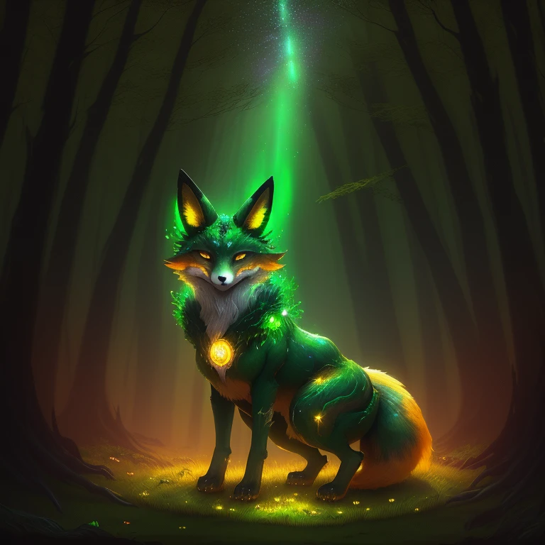 The fox emerged from the forest, green fur, burning yellow gold eyes, its spirit glow, its magic markings are golden. Magic circles, monster, forest background, stars, glowing moss, glowing flowers, enhance image, center view, create magic appeal