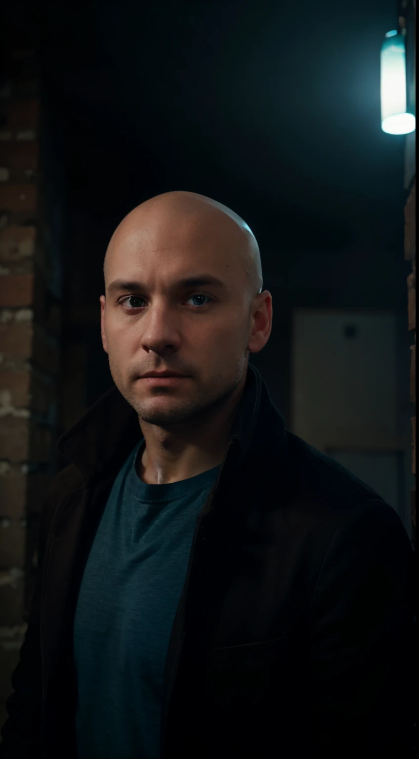 Bald white man with a round face and small nose with short beard and blue eyes wearing a t-shirt and a dark brown overcoat in a dark place with cyan lights, realistic cinematic action scene