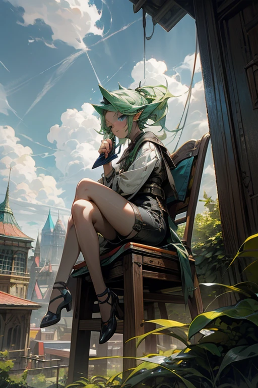 a pretty girl sits on top of a chair while using a telephone, outdoors, 1girl, solo, blue eyes, pointy ears, shorts, green hair, sky, cloud