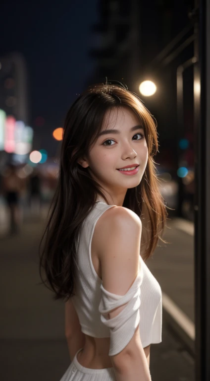 10, master-piece, RAW photo, full entire body, bestquality, photorealistic portrait, extremely detailed cg unity 8k wallpaper, Depth of Field, cinematic light, lens flare, ray tracing, (Very beautiful face........ , beautiful lips, beautidul eyes), Complex face details, ((ultra-detailed skin)) 1girls, In the dark, Deep Shadows, A Beautiful Girl, (The body is very slender......... :1.3), ((looking at the audience)),(big smile:1.3), Clear eyes, Front Shot, (pale skin), (Look very far ahead........., (upper body shot), (Brown cooked for the audience.........:1.3), Very thin, mediuml breasts, thick thighs,, city scape,(Random trendy clothes, Random clothing color), (Random environment,nighttime,daylight), (Random environment,in the city)