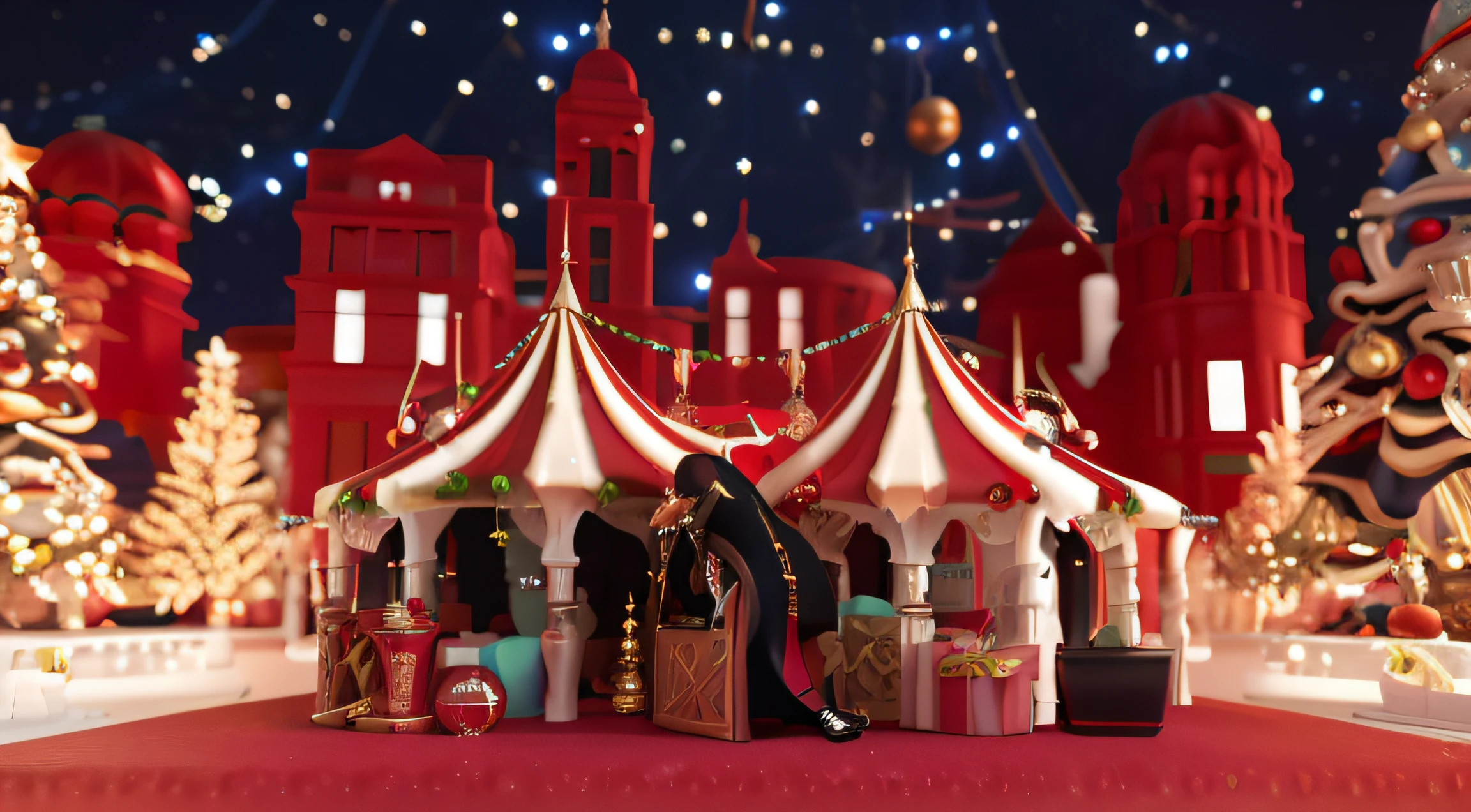Arafis and Christmas decorations on red table, and a Christmas tree, detailed scene, perfume, by Julia Pishtar, 3D amazing details, by Sam Black, highly detailed scenario, 3D product rendering, Product renderings, 3 description, 3D rendering style, Serge Lutens, hyper detailed scene, foreground background, rituals, cubismo, Verism, Luminism, hentail realism, ultra-realistic realism, high detal, Best quality at best, A high resolution, high qulity, Award-Awarded, ctextured skin, super detailing, Anatomically correct, hyper HD, retinas, tmasterpiece, acurate