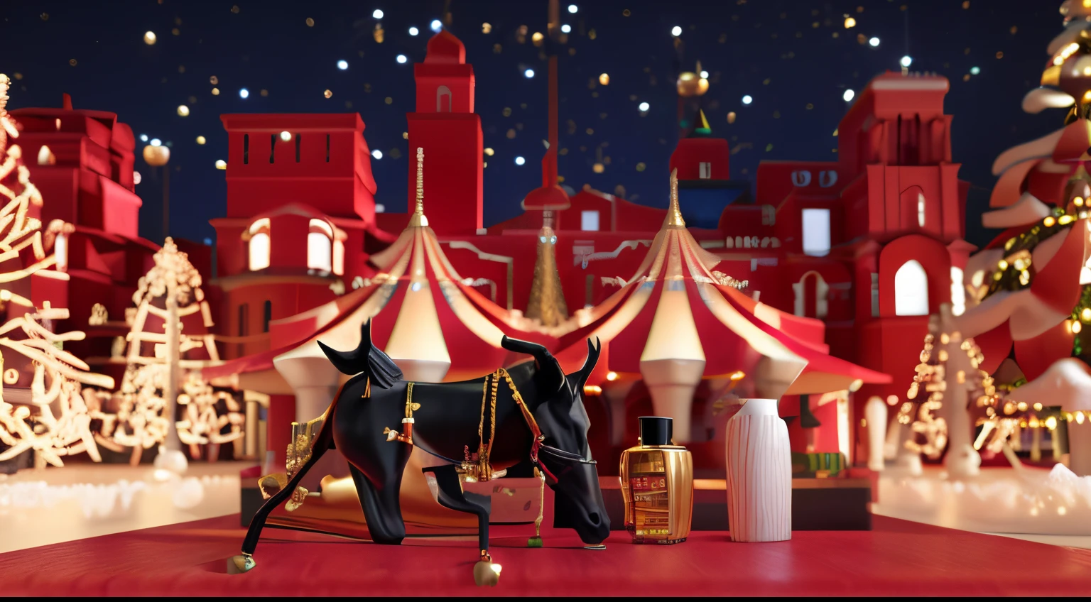 Arafis and Christmas decorations on red table, And a Christmas tree, detailed scene, perfume, by Julia Pishtar, 3D amazing details, by Sam Black, highly detailed scenario, 3D product rendering, Product rendering, 3 description, 3D rendering style, Serge Lutens, Ultra-detailed scenes, foreground background, rituals, Cubism, Verism, Luminism, Realism, Surrealism, high details, best quality, highres, high quality, award winning, textured skin, super detail, anatomically correct, UHD, retina, masterpiece, ccurate