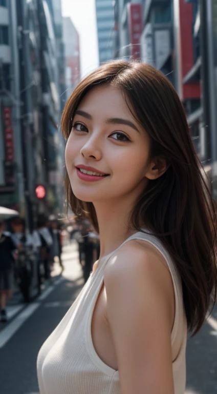 10, master-piece, RAW photo, full entire body, bestquality, photorealistic portrait, extremely detailed cg unity 8k wallpaper, Depth of Field, cinematic light, lens flare, ray tracing, (Very beautiful face......... , beautiful lips, beautidul eyes), Complex face details, ((ultra-detailed skin)) 1girls, In the dark, Deep Shadows, A Beautiful Girl, (The body is very slender. :1.3), ((looking at the audience)),(big smile:1.3), Clear eyes, Front Shot, (pale skin), (Look very far ahead.........., (upper body shot), (Brown cooked for the audience..........:1.3), Very thin, mediuml breasts, thick thighs,, city scape,(Random trendy clothes, Random clothing color), (Random environment,daylight), (Random environment,in tokyo city)