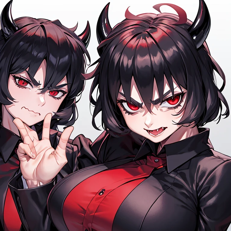 Modeus(helltaker), drool, formal, Black horns, large breasts, extreme face ahegao, Nudie, red-eyes,