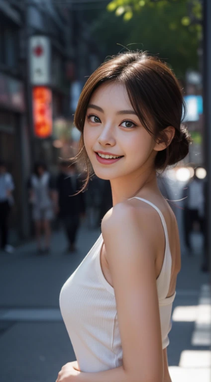 10, master-piece, RAW photo, full entire body, bestquality, photorealistic portrait, extremely detailed cg unity 8k wallpaper, Depth of Field, cinematic light, lens flare, ray tracing, (Very beautiful face.......... , beautiful lips, beautidul eyes), Complex face details, ((ultra-detailed skin)) 1girls, In the dark, Deep Shadows, A Beautiful Girl, (The body is very slender.. :1.3), ((looking at the audience)),(big smile:1.3), Clear eyes, Front Shot, (pale skin), (Look very far ahead..........., (upper body shot), (Brown cooked for the audience...........:1.3), Very thin, mediuml breasts, thick thighs,, city scape,(Random trendy clothes, Random clothing color), (Random environment,daylight), (Random environment,in tokyo city)