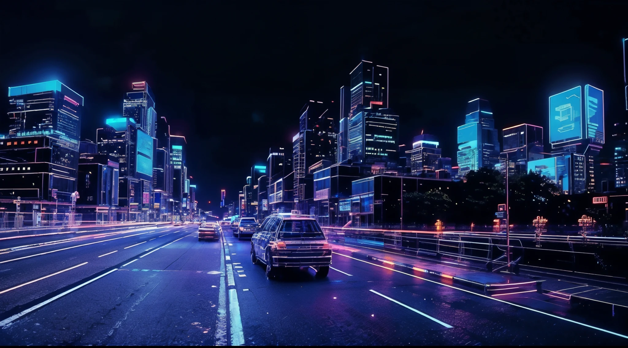 at night, futuristic sci-fi cyberpunk city, city road, skyscrapers at the end of the road, the movie "ghost in the shell" style, hq