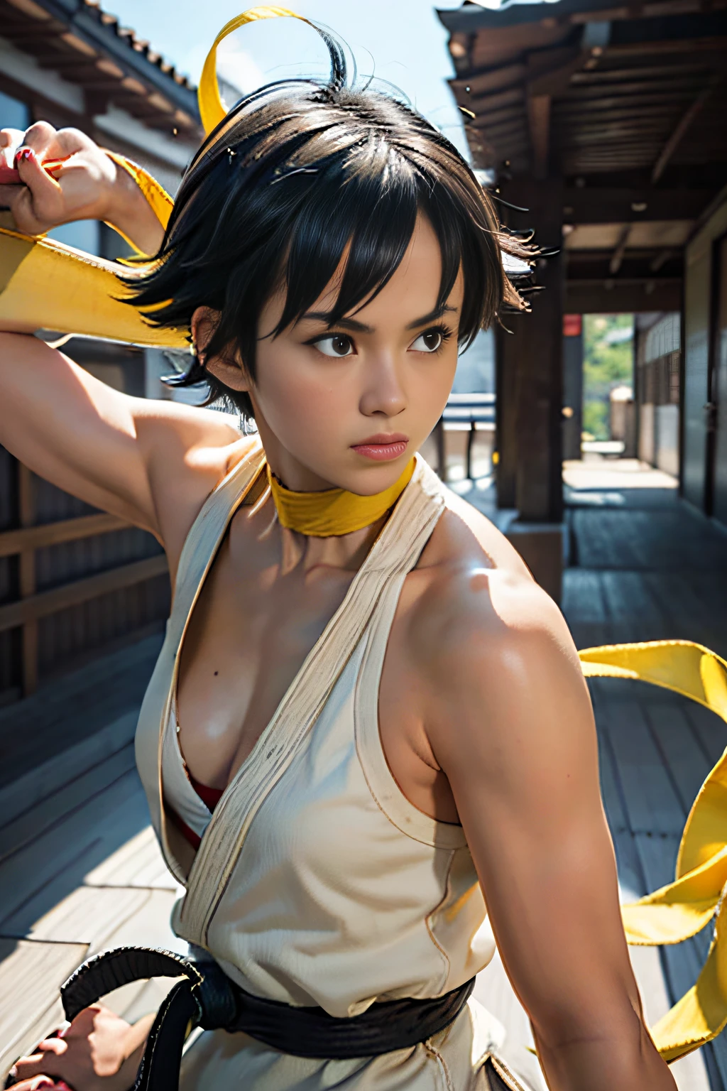 Makoto(street fighter),Black hair, hair messy, Short hair, Floating hair, yellow ribbon choker, white dougi, dojo, Tatami mats, nffsw, masutepiece:1.2, Textured skin, Super Detail, High quality, Vibrant colors, Natural lighting.