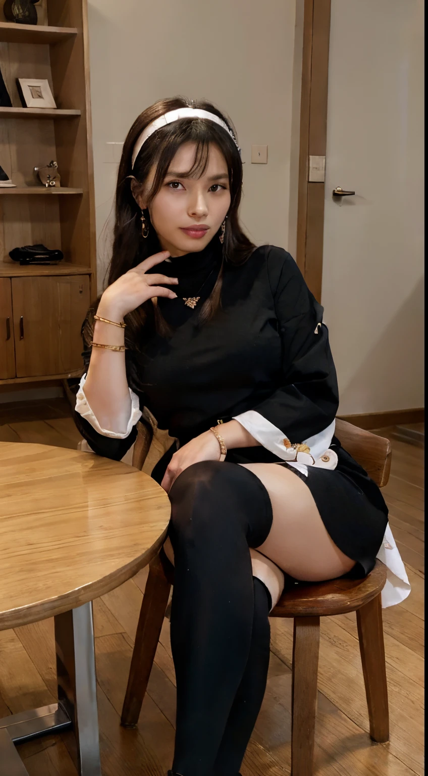 Chizuru kagura, HEIGHT
169 cm,WEIGHT
52 kg, Japanese, 22 years old, white skin, white furisode with red details, Golden buttons in The furisode, hyper detalied,
1girl, earrings, close up, hairband, high heels, jewelry, black long hair, black pants, smile, solo, imponent expression, dominant expression, strand of hair running down the left side of the face
black footwear, black hair, black thighhighs, bracelet, brown eyes, sitting on chair, closed mouth, legs crossed, dress, earrings, flower, full body, hairband, hand up, high heels, indoors, jewelry, legs, good shape, long sleeves, looking at viewer, in front at the viewer, makeup, necklace, plant, rose, sitting, solo, stiletto heels, table, thighhighs, thighs, turtleneck, vase, white hairband, wooden floor