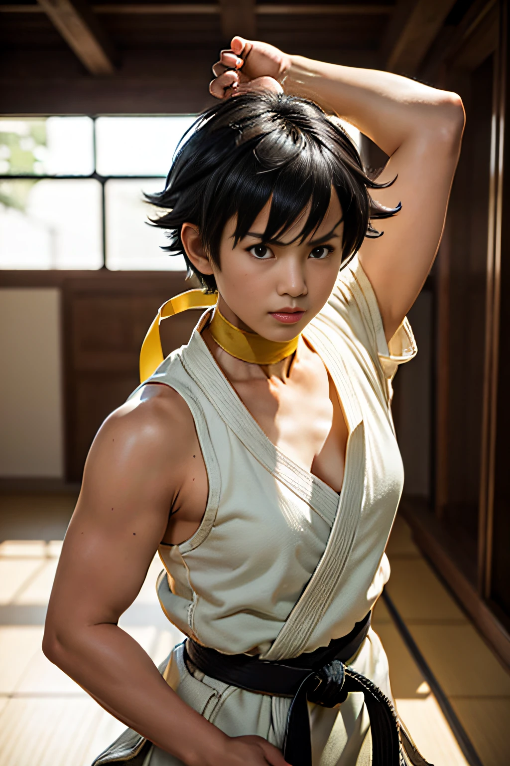 Makoto(street fighter),Black hair, hair messy, Short hair, Floating hair, yellow ribbon choker, white dougi, dojo, Tatami mats, nffsw, masutepiece:1.2, Textured skin, Super Detail, High quality, Vibrant colors, Natural lighting.